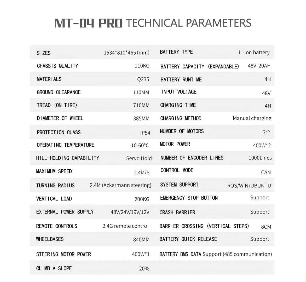 Châssis de direction Ackermann tout Terrain, charge 200KG, MT-04 Pro pour conduite autonome, Navigation ROS, Robot AGV AMR personnalisable