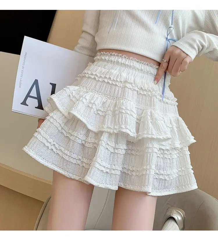 Gidyq Sweet Cute Lace Mini Skirt Women Kawaii White Ruffles Pleated Skirts Summer Korean High Waist Black Casual A Line Skirt