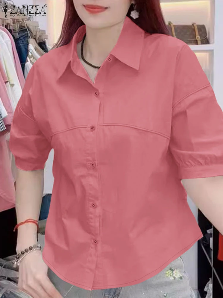 

ZANZEA Summer Office Shirts Women Short Sleeve Work OL Blouse Fashion Lapel Neck Blusas Casual Solid Butttons Tunic Tops Chemise