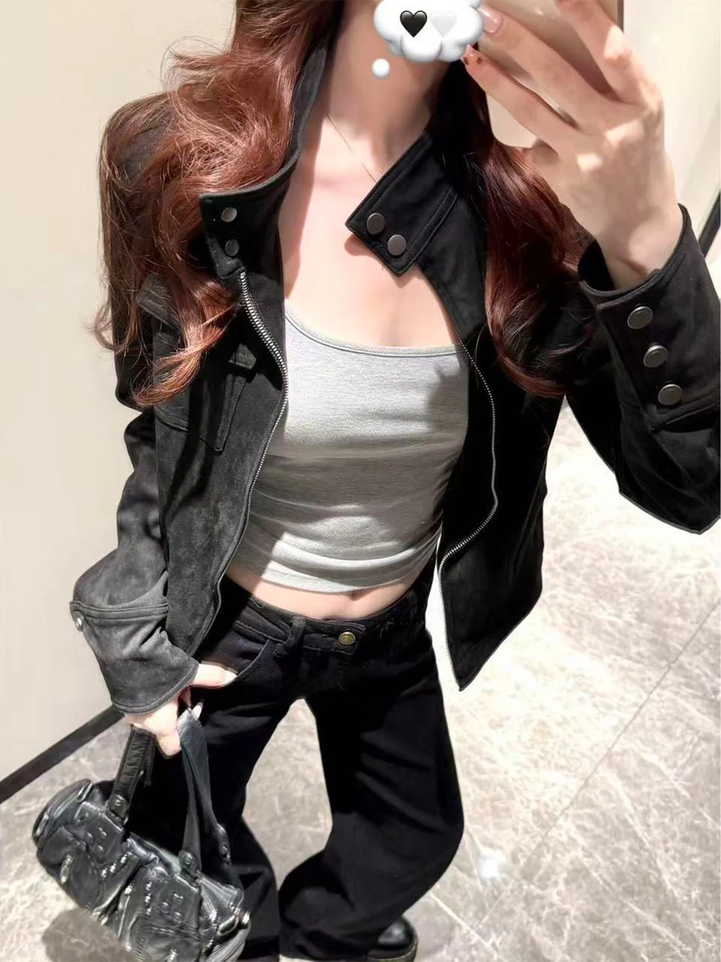 Retro Korean Black Suede Jacket Women's Early Autumn 2026 New Design Casual Stand Collar Jacket Top Polyester Fiber Filling
