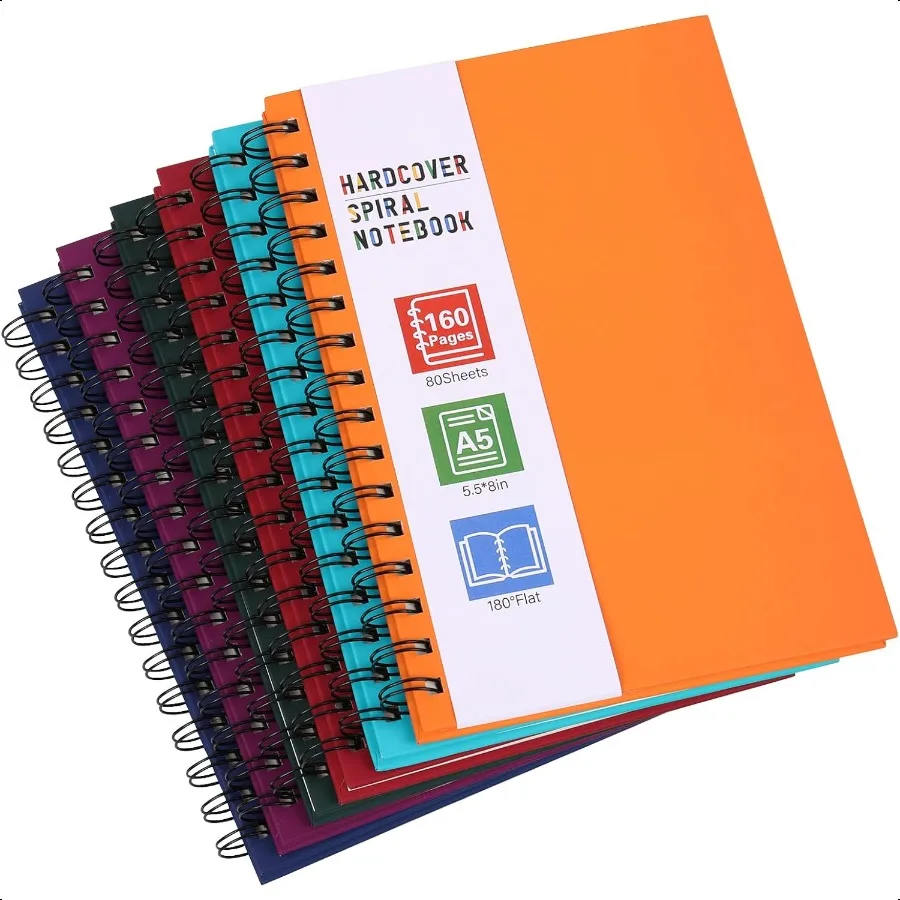 Cuaderno espiral de tapa dura para trabajo, cuadernos en espiral A5, 160 páginas, 5,5x8,5 pulgadas, diario pequeño para la escuela y regalos, colores surtidos, 6 uds.