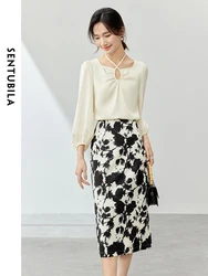 SENTUBILA Elegant Women's Skirt Set 2024 Summer Square Collar Long Sleeve Top Split A-line Printed Skirt Matching Sets 141Z53387