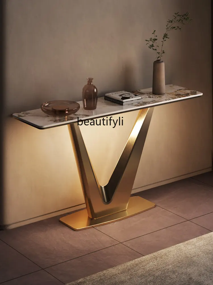 

Stone Plate Hallway Table Wall Stainless Steel a Long Narrow Table Modern Minimalist Side View Foyer Light Luxury