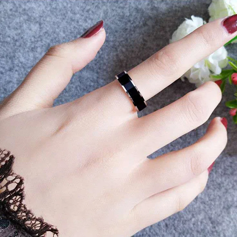 SHOUMAN Rose Gold Color White Black Charm Ring for Woman Man Custom Engrave Name Wedding Jewelry 316L Stainless Steel Never Fade