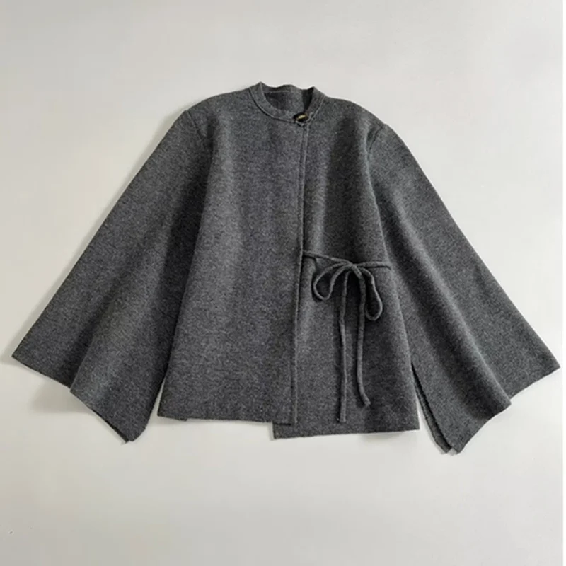 

Maxdutti, ленивая вязаная куртка в стиле ретро, пальто, женские топы, накидка, куртка, вилка, элегантный трикотаж с расклешенными рукавами, свитера