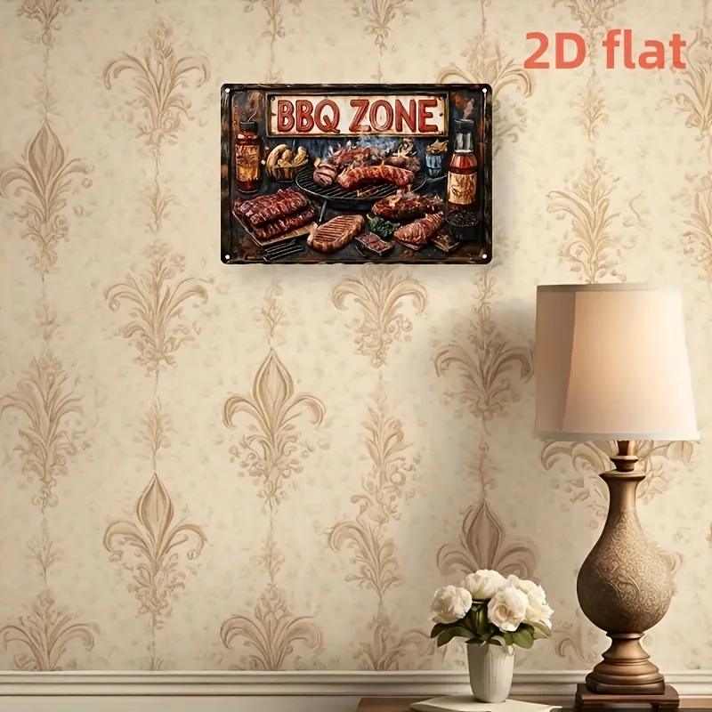 2D Flat, 1pc Retro BBQ Area Metal Aluminum Sign - 12.0inch x 8.0inch with Roast Meat and Seasoning Design, Rustic Wall Decor, Du