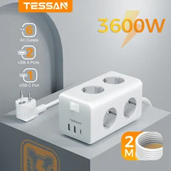 TESSAN EU Plug Power Strip Cube with 6 Outlets 2 USB Ports 1 Type C 2M Extension Cable Europe Multi Socket with Switch for Home