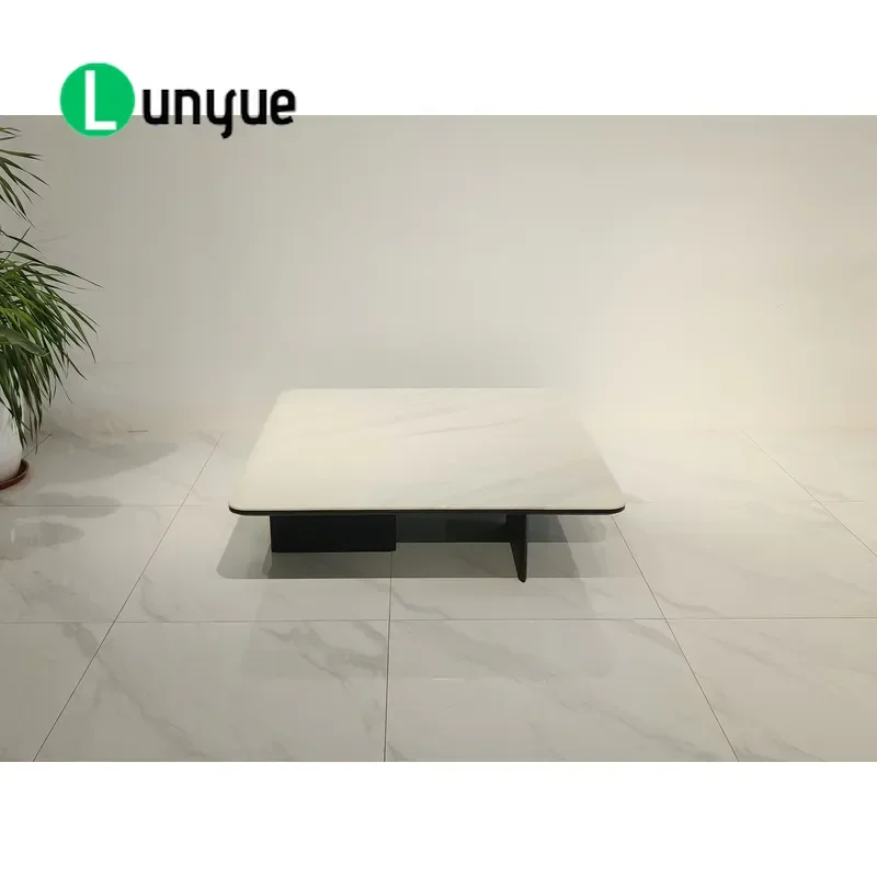 Luxury Coffee Table with Marble Texture Top Forged Iron Wooden Legs Simple Modern Design for Home Office Living Room