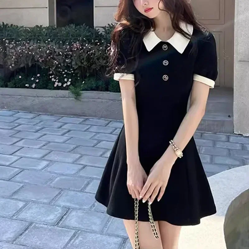 High-waisted Mini Dress A- line Lapel Polo Collar Black Skirt Summer Autumn Princess Color Block For Women Casual Chic Style