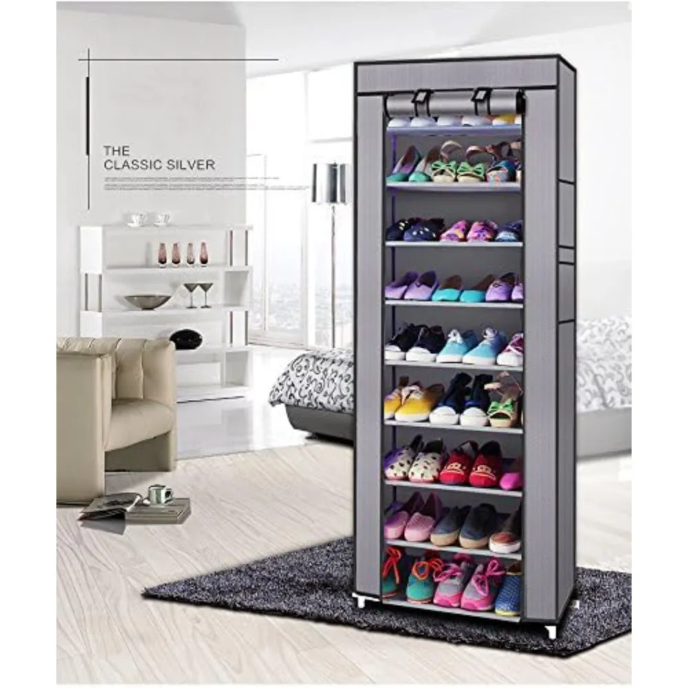 10 Tiers Shoe Rack with Dustproof Cover 27 Pair Shoe Tower Stand Sturdy Shelf Storage Organizer Cabinet Perfect for Bedroom