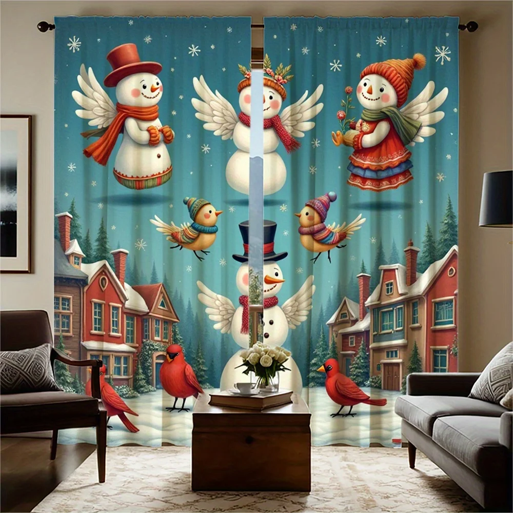 2pcs Winter Snowmen Curtains - Semi-Opaque Window Drapes with Snowflakes, Red Birds - Machine Washable Polyester Curtains for Li