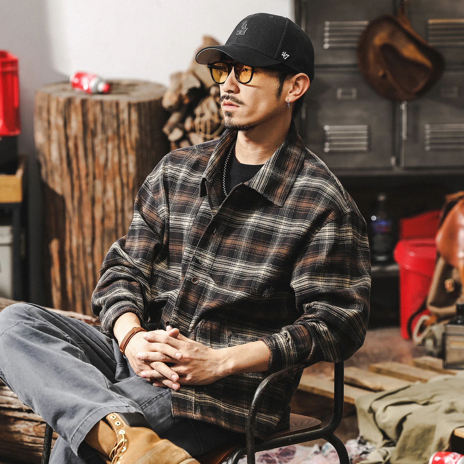 Spring and Autumn's new fashionable retro checked shirt men's long-sleeved trendy brand Japanese-style loose casual shirt jacket