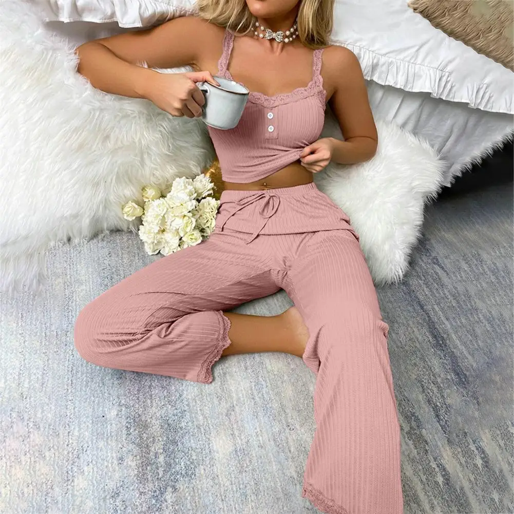 Two-piece Home Loungewear Elegant Lace Trimmed Pajama Set with Shirred Drawstring Waist Low-cut V-neck Tank Top Women\'s Summer