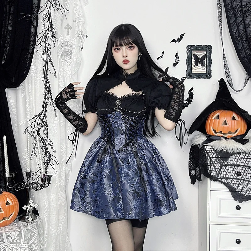 

loween Gothic Sle Blue Fairy Waist Cinched Strap Dr Sexy k Subculture Girl Ghost Bride Costume Retro Theme Par Wear