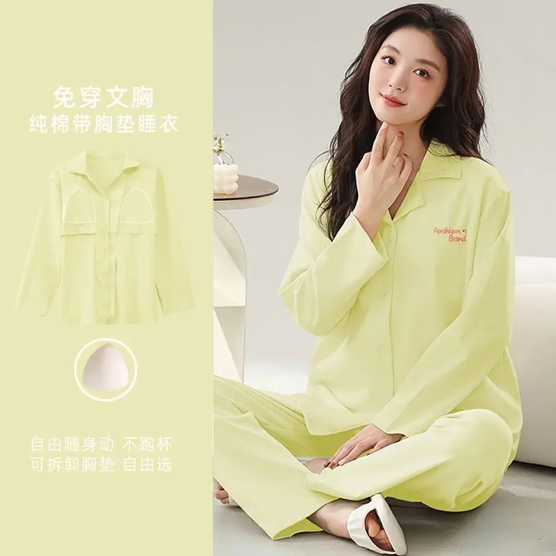 100% Cotton Pajamas Women's Winter Autumn Pijama Mujer with Chest Pads Long-sleeved Cardigan Lapel Large-size Loungewear 2pcs