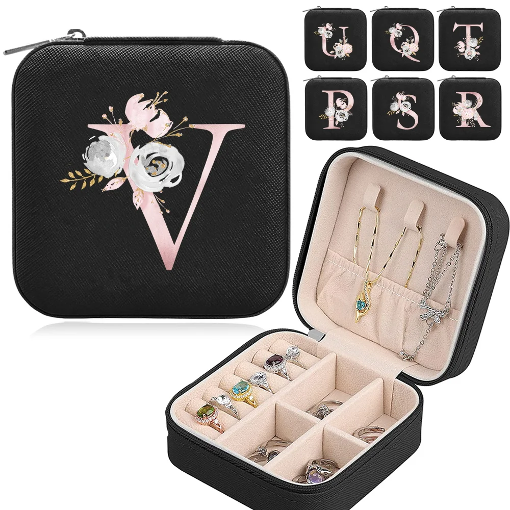 Portable Women Jewelry Box Large Capacity Ring Earring Boxs Pink Flower Letter Series Necklace Storage Case Cosmetic Bag
