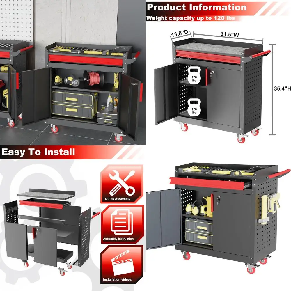 

Портативный стальной шкаф для хранения с запирающимися дверцами, регулируемыми полками и перфорированной панелью для инструментов