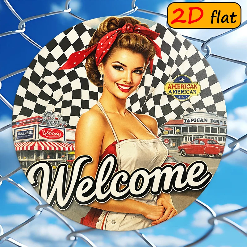 2D Vintage Metal Wall Sign, Retro Diner Round Greeting Board with Classic Logo & Checkerboard, Mid-Century Modern Decor for Bar,