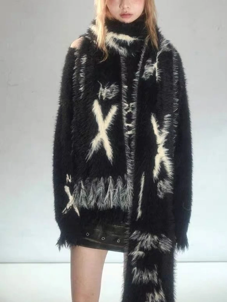 Y2k subcultura estilo Punk jersey de manga larga mujer Casual suéter con cuello redondo letra gótica Jacquard Vintage 2025 otoño