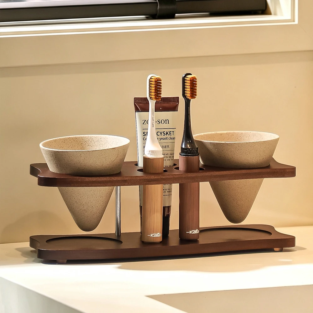 Bathroom Supplies Electric Toothbrush Rack Solid Wood Toothbrush Rack Coarse Pottery Mug Retro Bathroom Decoration Accessories