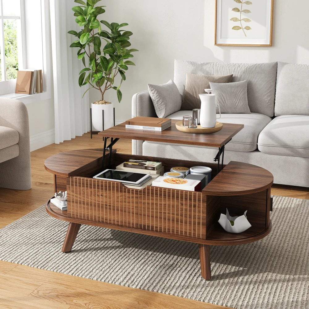Tavolino da caffè ovale multifunzionale, con piano regolabile in altezza e finitura elegante effetto legno ondulato, ampio vano contenitore nascosto e 2 ante scorrevoli, tavolino da tè moderno e di