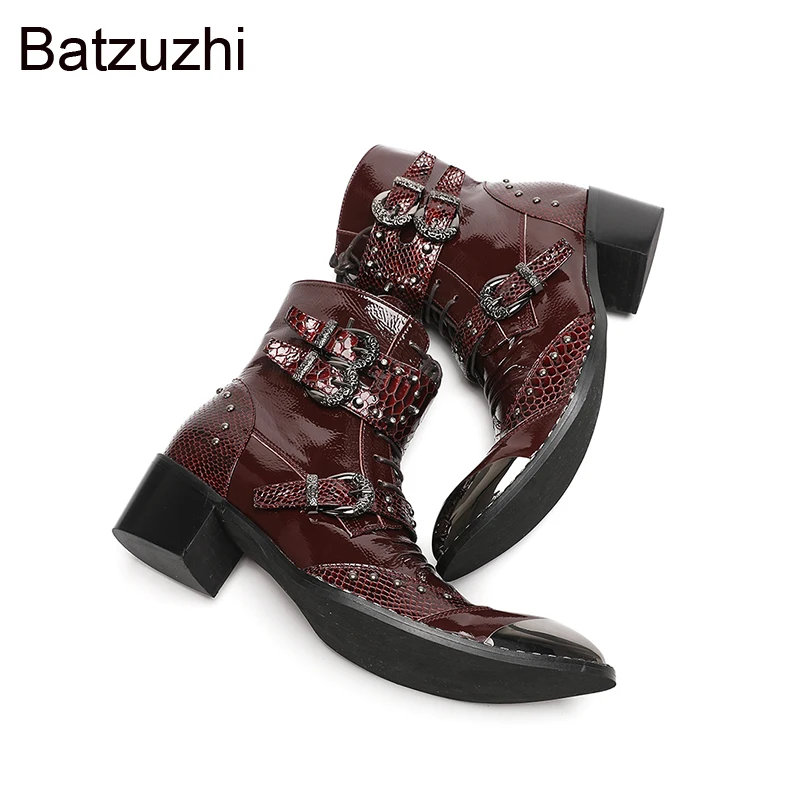 Batzuzhi Western Cowboy Style Men's Boots Rock Punk Wine Red Leather Ankle Boots Man Buckles Party/Runway Boots for Man!
