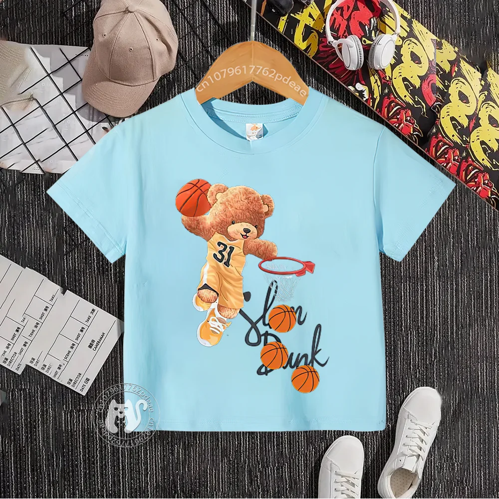 Summer 100% cotton T-shirt for boys and girls Baby Street Dunk Baby Bear pattern teen comfortable casual top Cotton T-shirt top