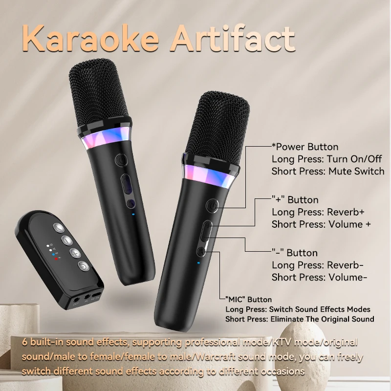 DS-K2 Karaoke Companion Bluetooth 5.3 Wireless Dynamic Microphone RGB Light KTV DSP Mixer System 3.5MM AUX Type-C Amplifier Host