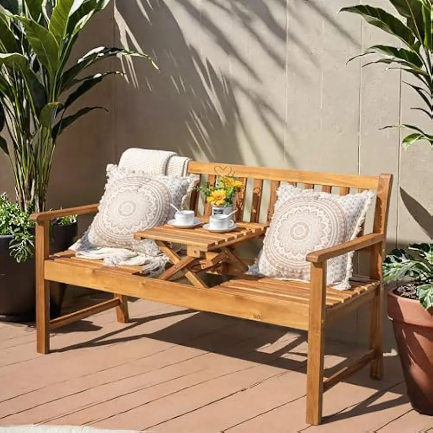 

Patio Loveseat Acacia Furniture Conversation Set w/Foldable Small Table Plate, All Weather Outdoor Bench for Porch, Garden, Natu