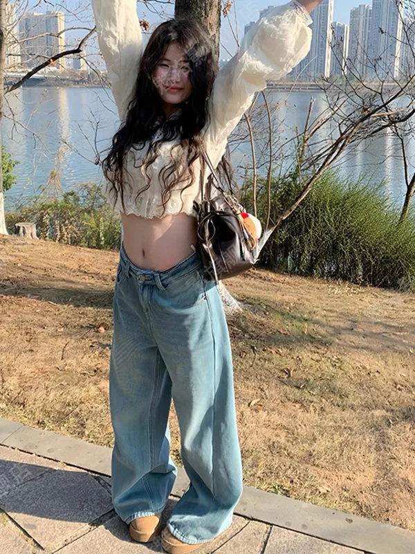 

Women's V-Neck Long Sleeve Shirt Lace Trim Splice Waist in Spring Autumn Short Style Beautiful Top Loose Fit Casual Wear