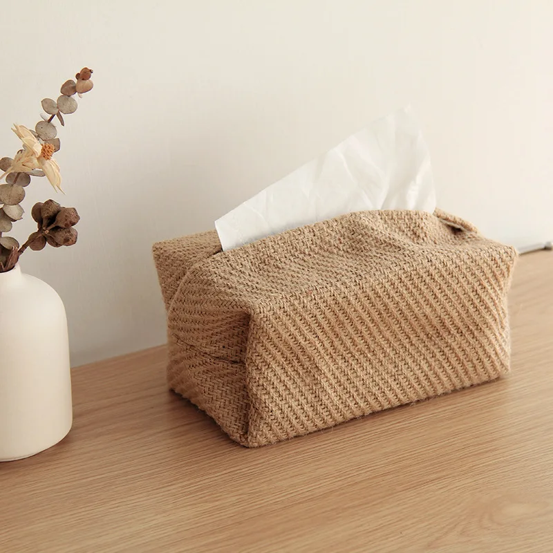 Japanese-Style Jute Tissue Case Napkin Holder for Living Room Table Tissue Boxes Container Home Car Papers Dispenser Holder