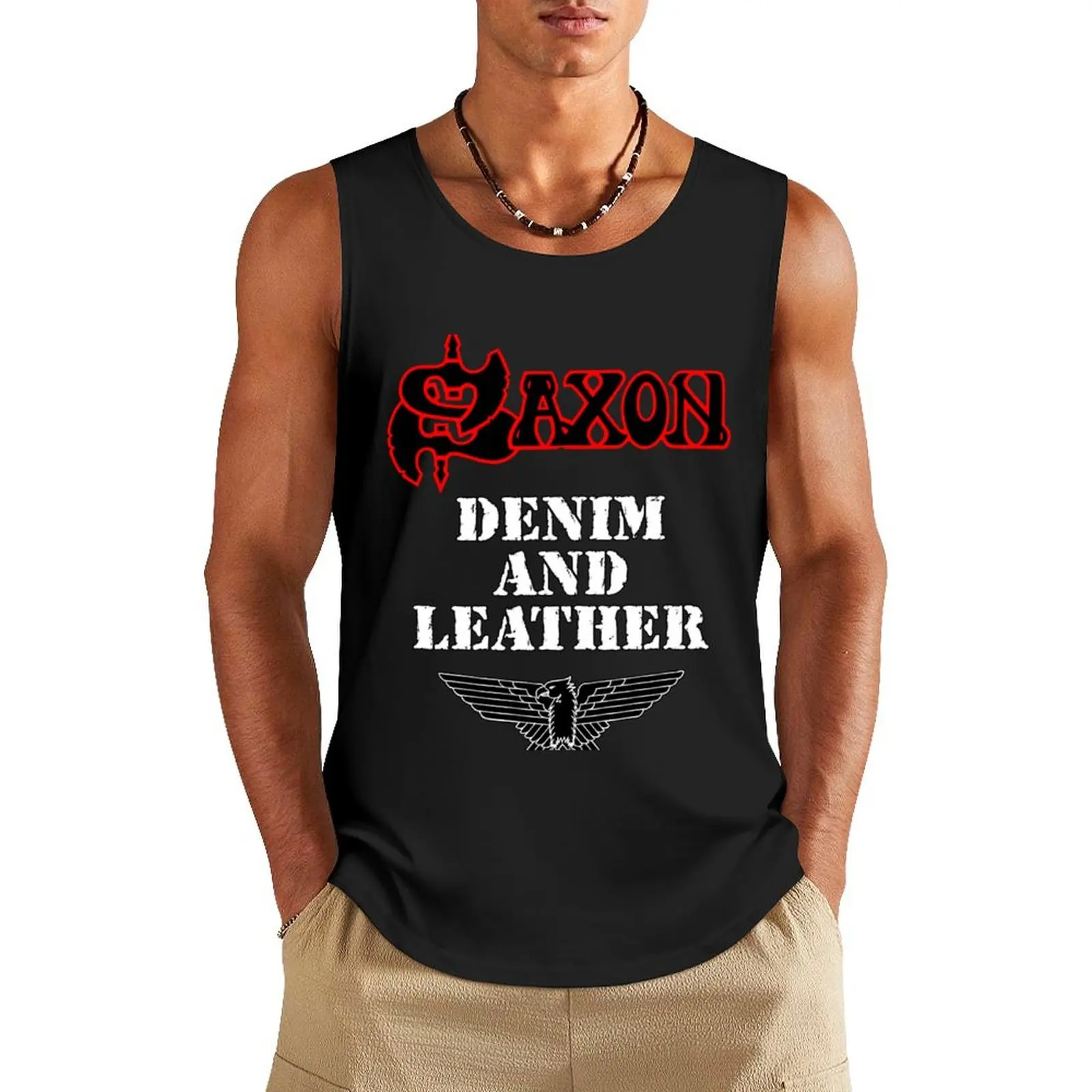 

Denim and Leather by Saxon - Classic Old School Heavy Metal NWOBHM Classic Tank Top Men's clothes luxury style Men's t-shirts