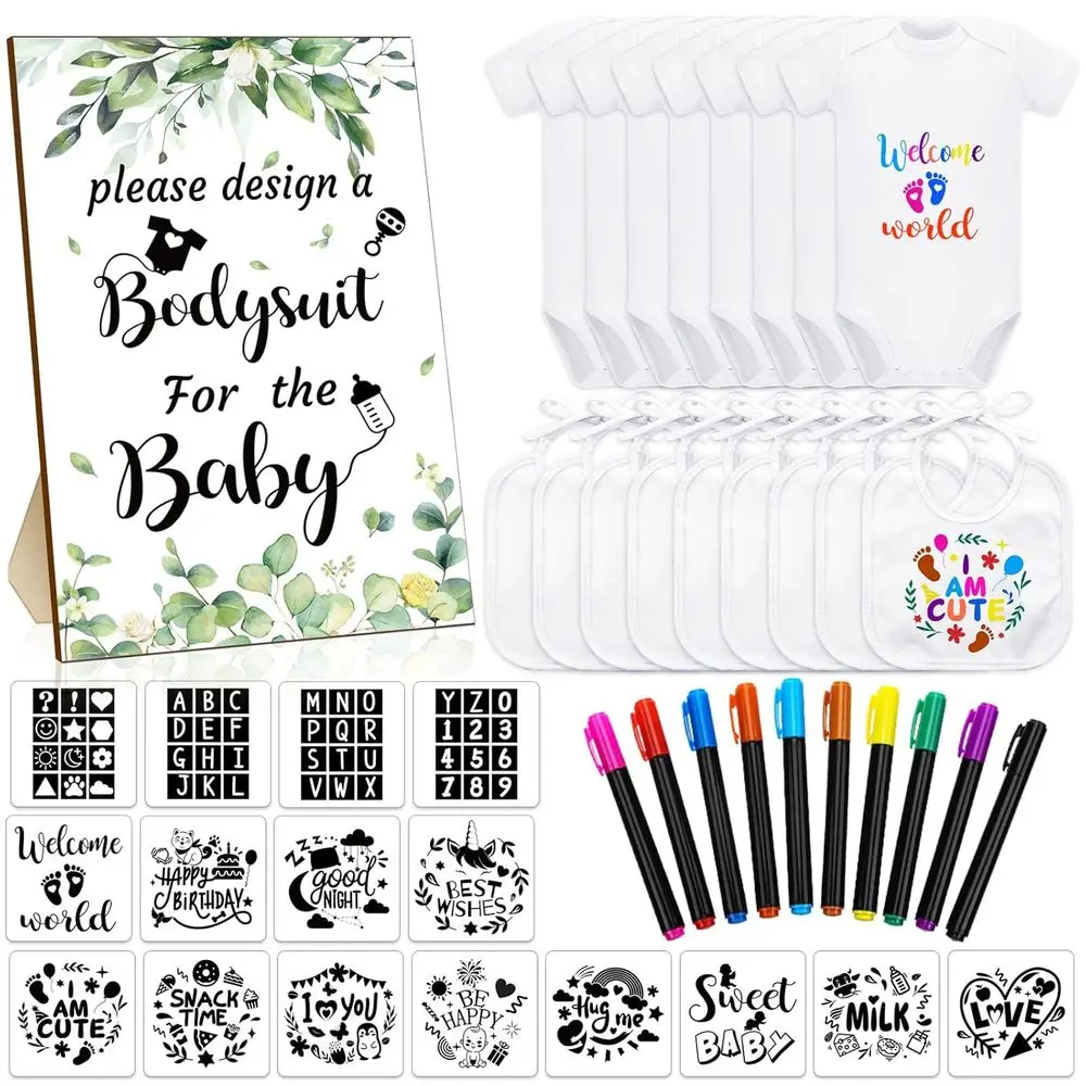 

43 Pcs DIY Baby Bibs Decorating Kit 8 Bodysuits 8 Pcs 2 Ply White Bibs 10 abric Markers 16 Stencils Baby Shower Sign (Greenery)