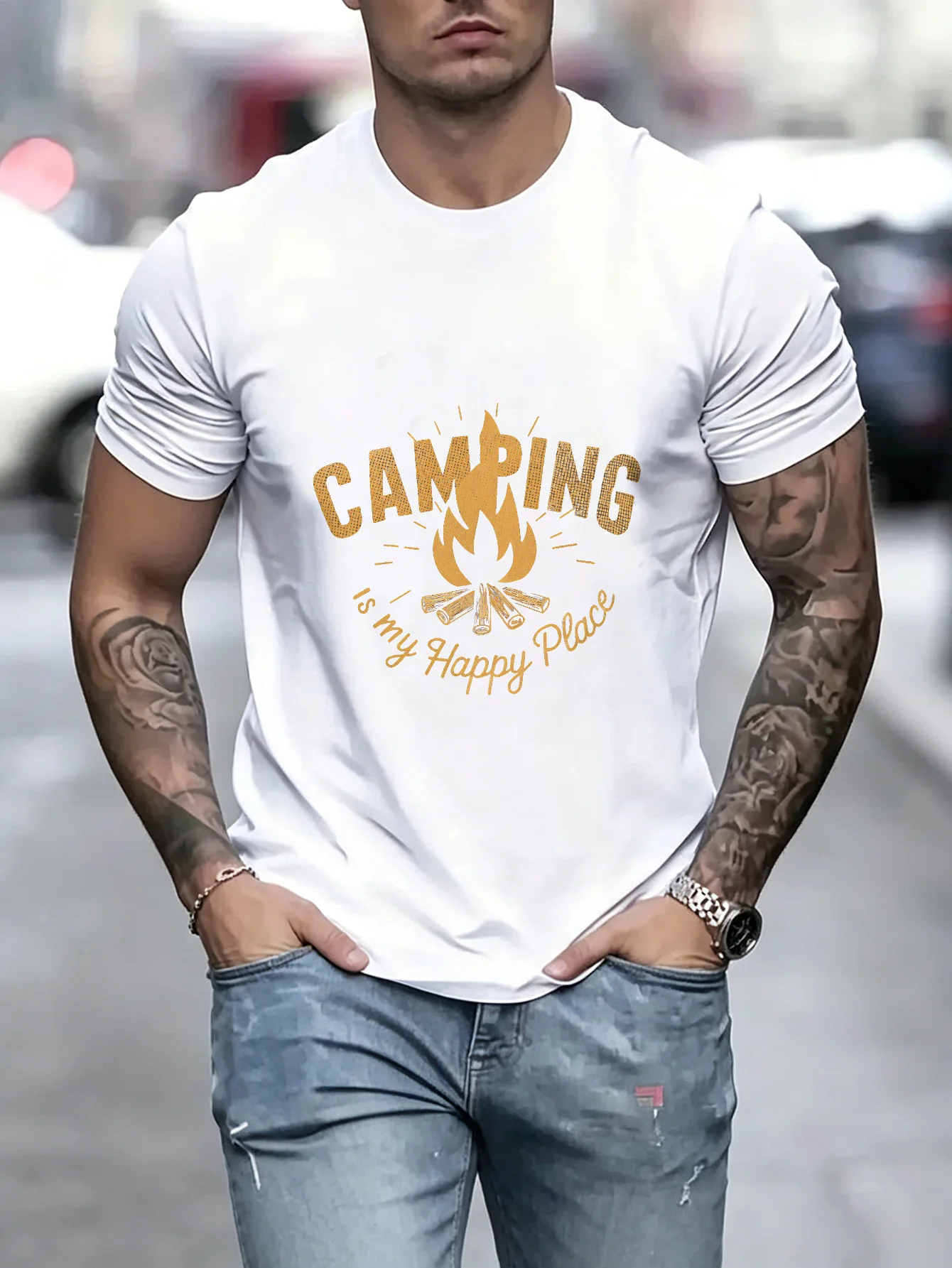 Unisex Camping Is My Happy Place TShirt Vintage Bonfire Graphic Print, Casual Short Sleeve Tee for Outdoor Enthusiasts, Soft  Summer Top for Hiking Trips