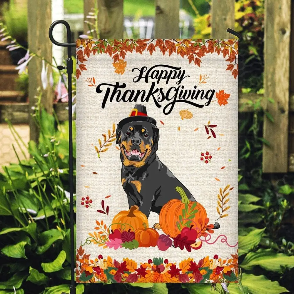 Happy Thanksgiving Funny Rottweiler Flag Fall Pumpkin Farmhouse Autumn Thanksgiving () USA Garden Flag Premium Decorative Yard O