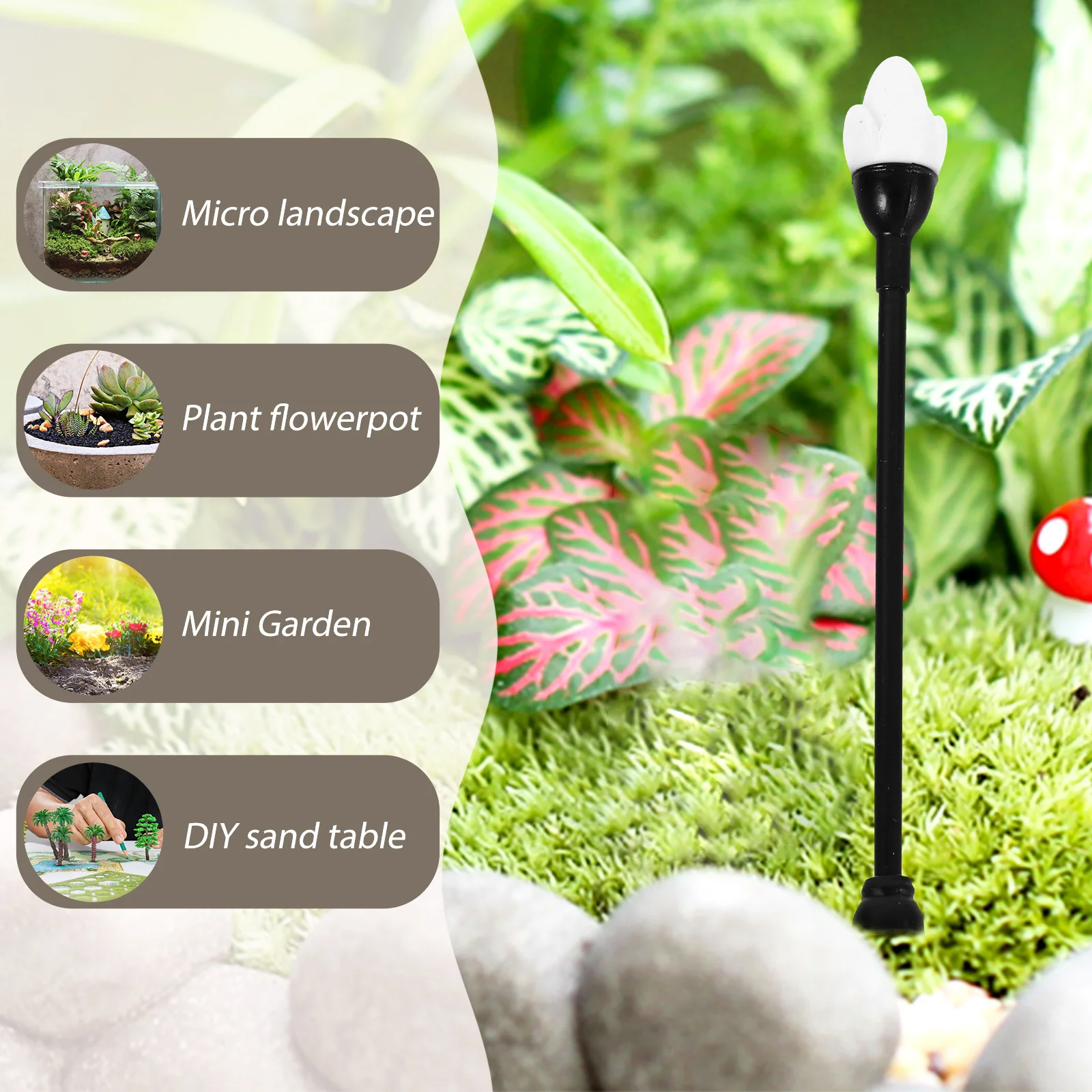 12 szt. Miniaturowe lampy uliczne symulujące oświetlenie, dekoracyjne akcesoria do mikrokrajobrazu, stołu z piaskiem, do scenek mini domków i dioram.