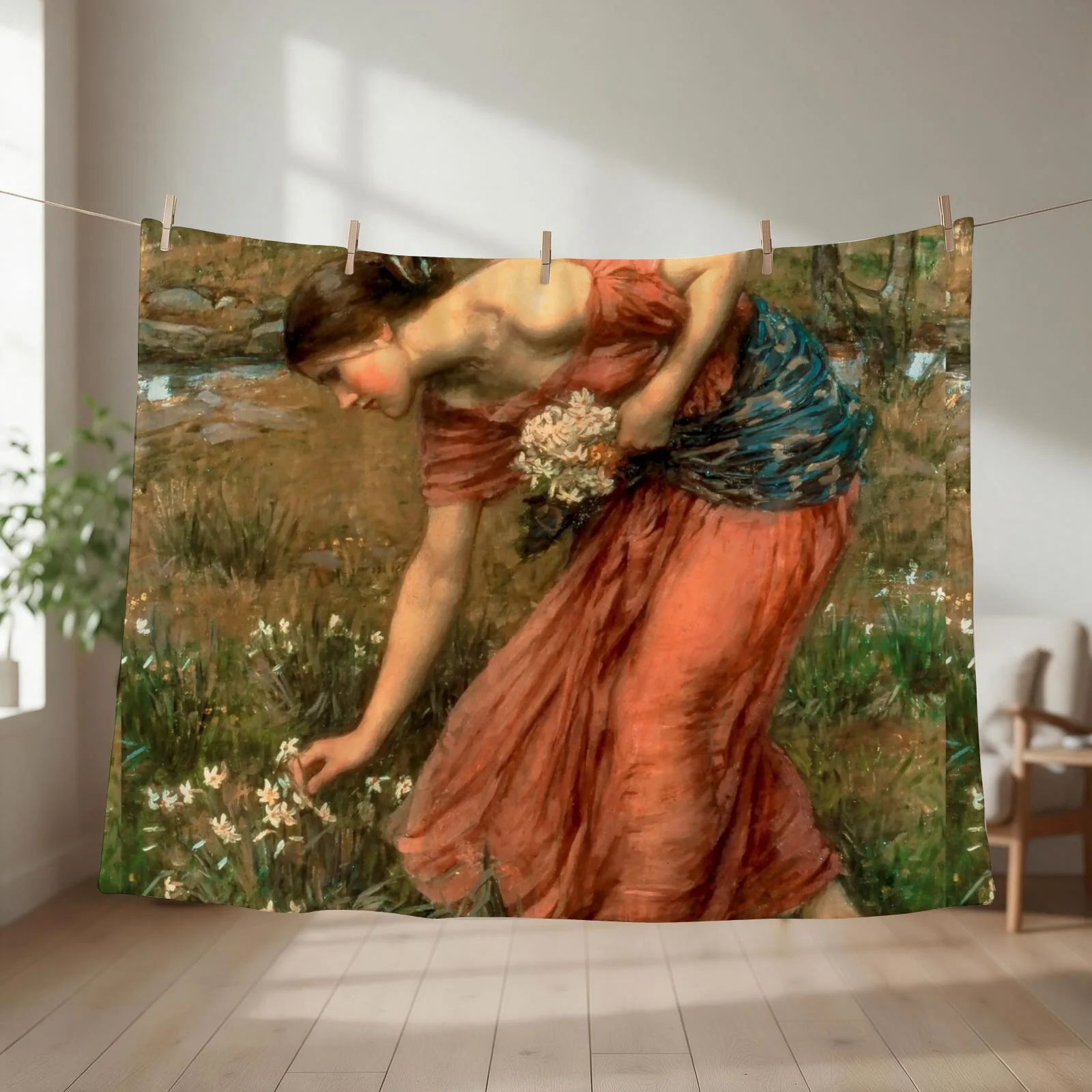 Narcissus by John William Waterhouse Throw Blanket couch cozy soft plush fuzzy picnic outdoor blanket