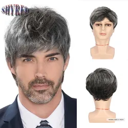 Synthetic Grey Bob Wig for White Men Short Curly Hair Wig With Natural Fluffy Bangs Daily Cosplay Party Male Heat Resistant