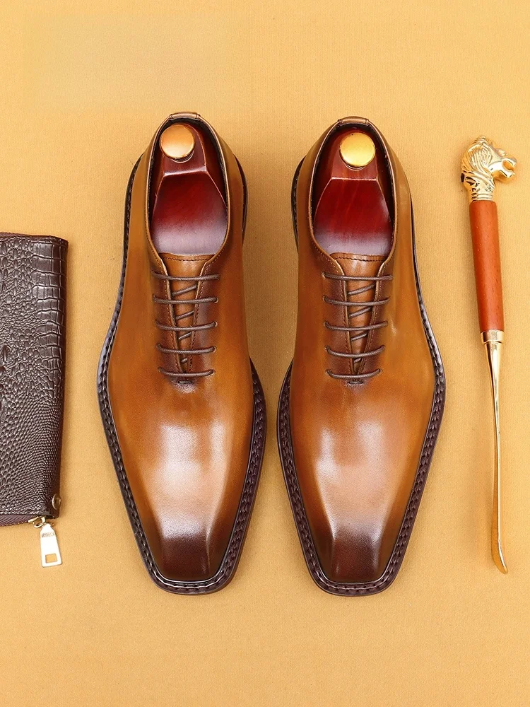 

Genuine Leather Oxford Shoes Men's Formal Business Office White Collar One-Piece British Style Brown Color Breathable Low Heel