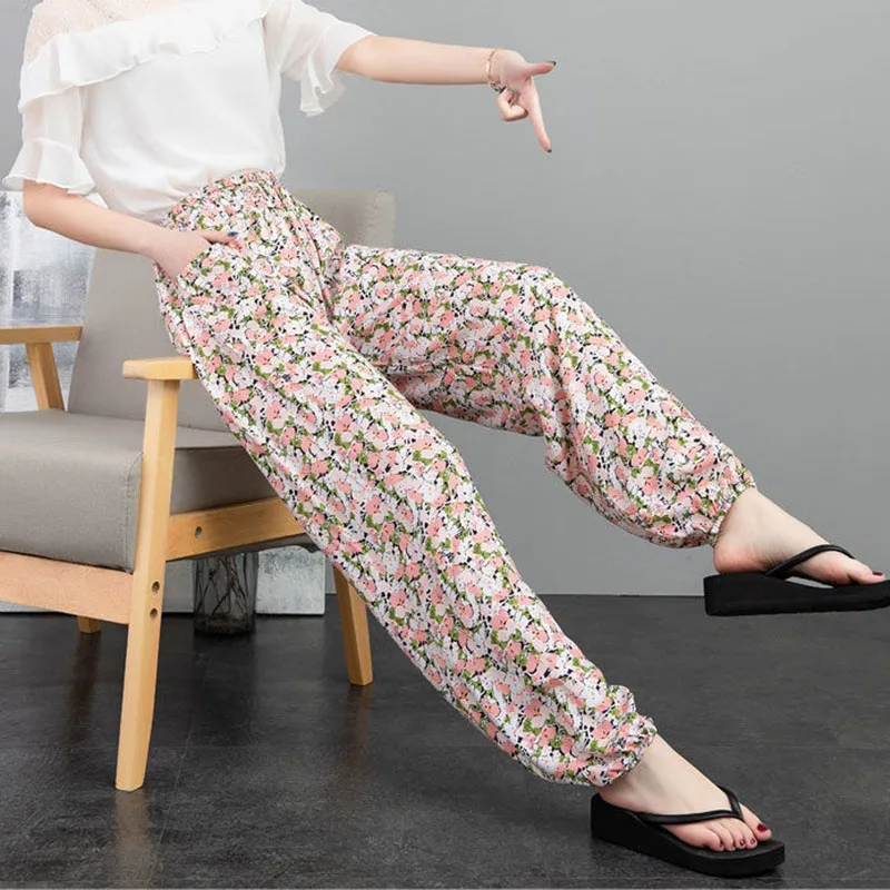 

New Summer Women's Pants Cotton Silk Beach Trousers Retro Fashion Casual Bind Feet Harem Pants Bloomers Mosquito Repellent Pants