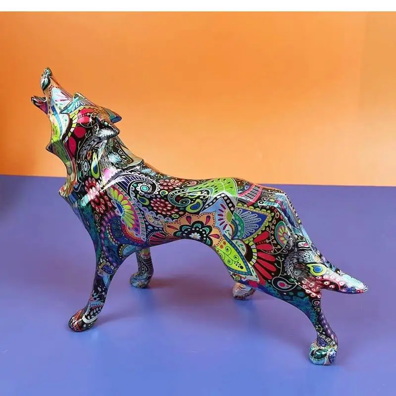 Colorful Wolf Sculpture Resin Crafts Decoration Animal Geometric Ornaments Home Living Room Office Desk