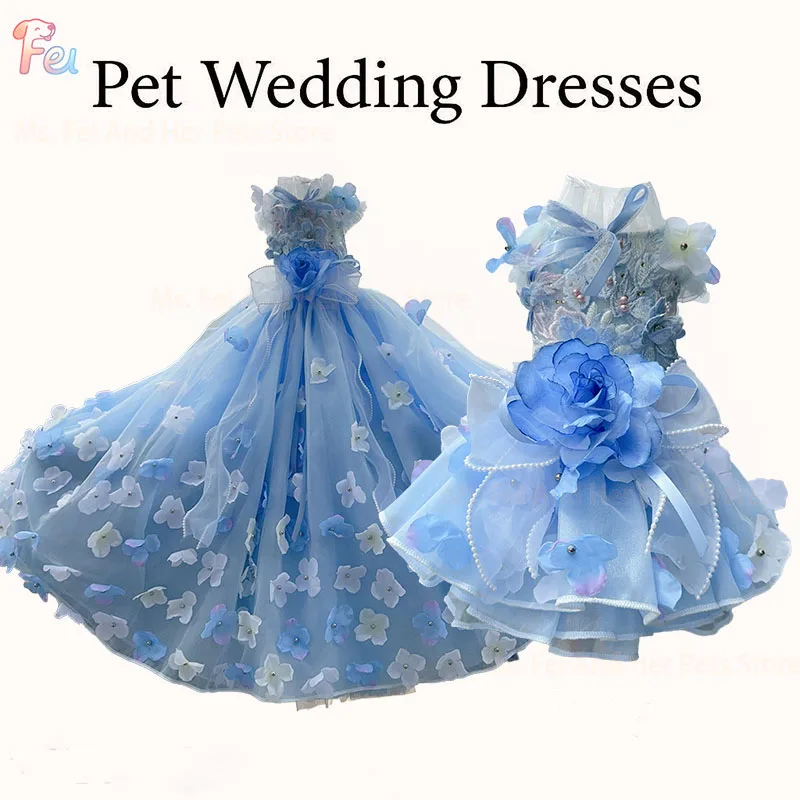 

2026 Handmade Blue Puppy Dog Clothing Luxury Embroidery Flower Lace Bow Long Tail Party Dresses For Small Medium Dog Pet Clothes