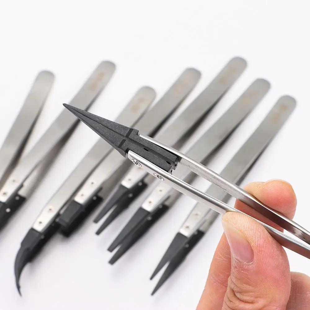 ESD Tweezers With Replaceable Tips Full Stainless Steel Body Carbon Fiber Conductive Plastic