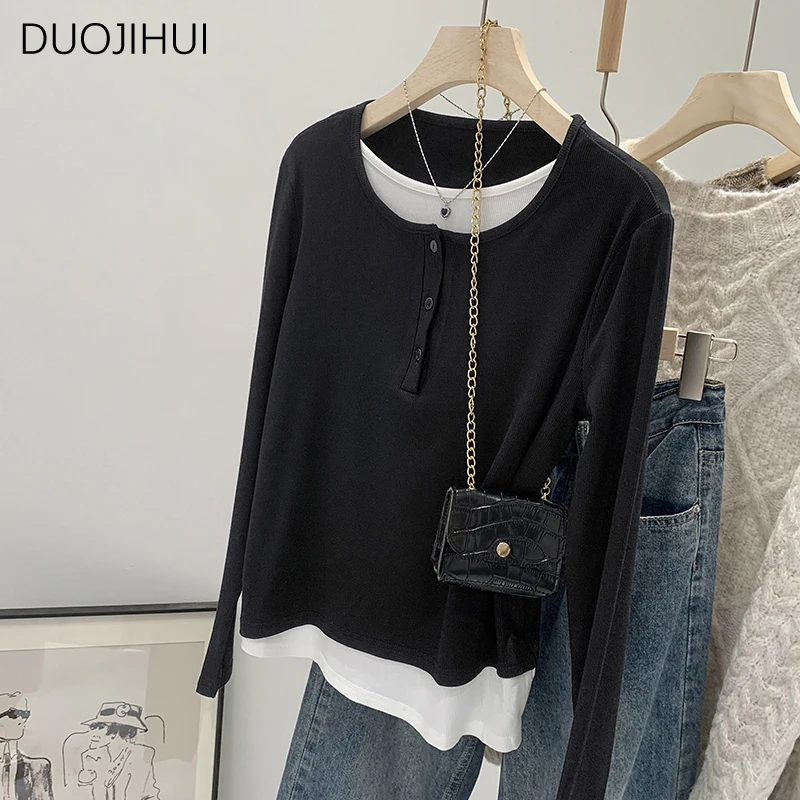 DUOJIHUI Contrast Color Fake Two Piece Loose Women T-shirts Autumn Basic Long Sleeve Chicly O-neck Simple Casual Female T-shirts