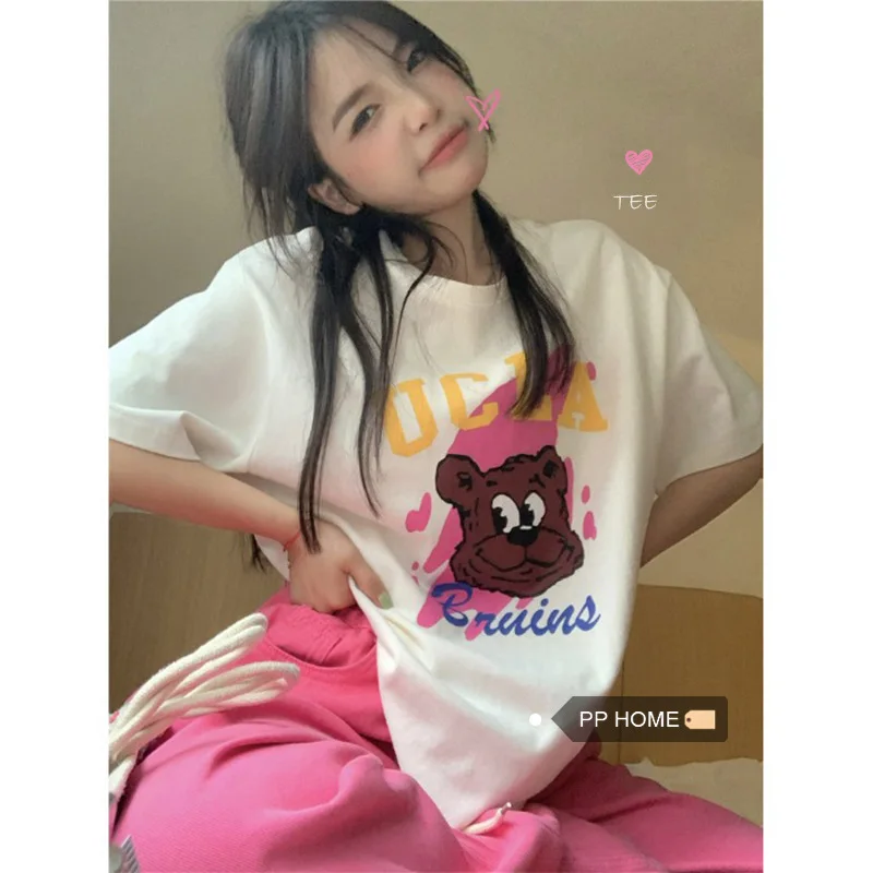 

American Retro Short-sleeved T-shirt Female Loose Art Bear Cartoon Graffiti Cute Summer 2023 Half-sleeved Top Clothes Summer