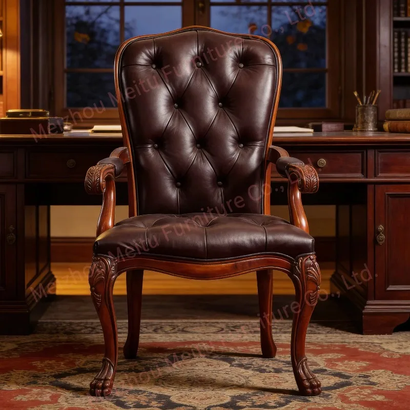 High back leather armchair, cherry frame, tufted brown seat, traditional chair, suitable for living room, study, home office