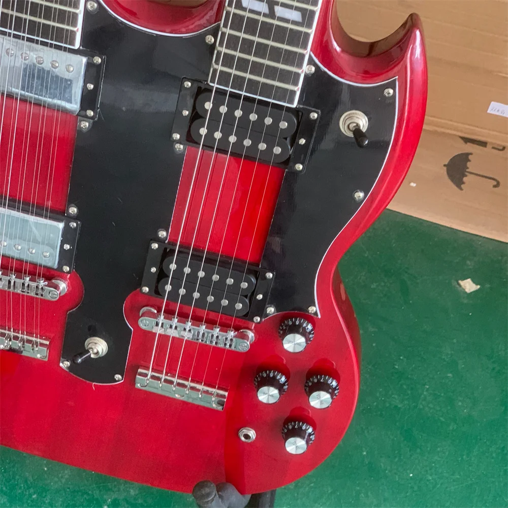 Free Shipping Top Transparent Red Solid Chrome Plated 12/6 String Double Neck Electric Guitar