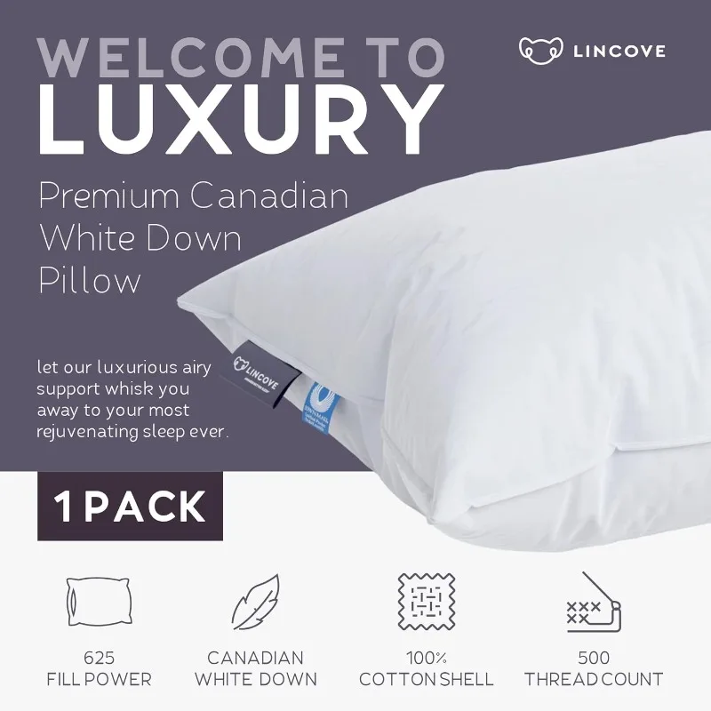 Cloud Natural Canadian White Down Luxury Sleeping Pillow - 625 Fill Power, 100% Cotton Shell, 500 Thread Count