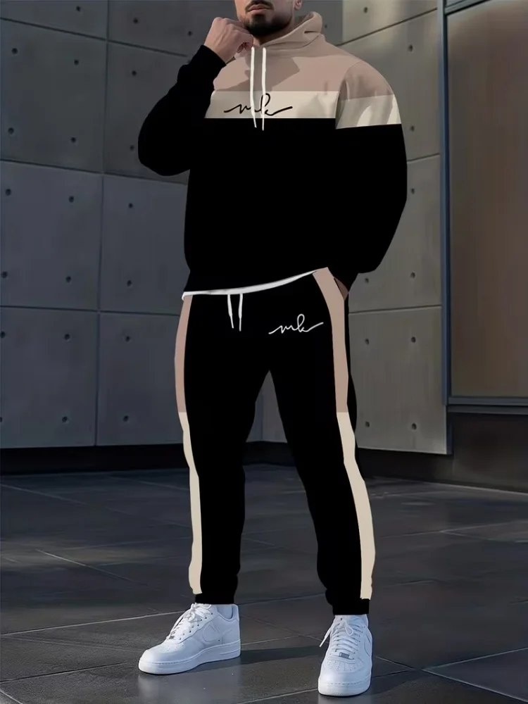 Men Loose 2 Pieces Sports Suit Fashion Black Khaki Splicing Pullover Hoodie Drawstring Jogger Pants Daily Casual Tracksuit