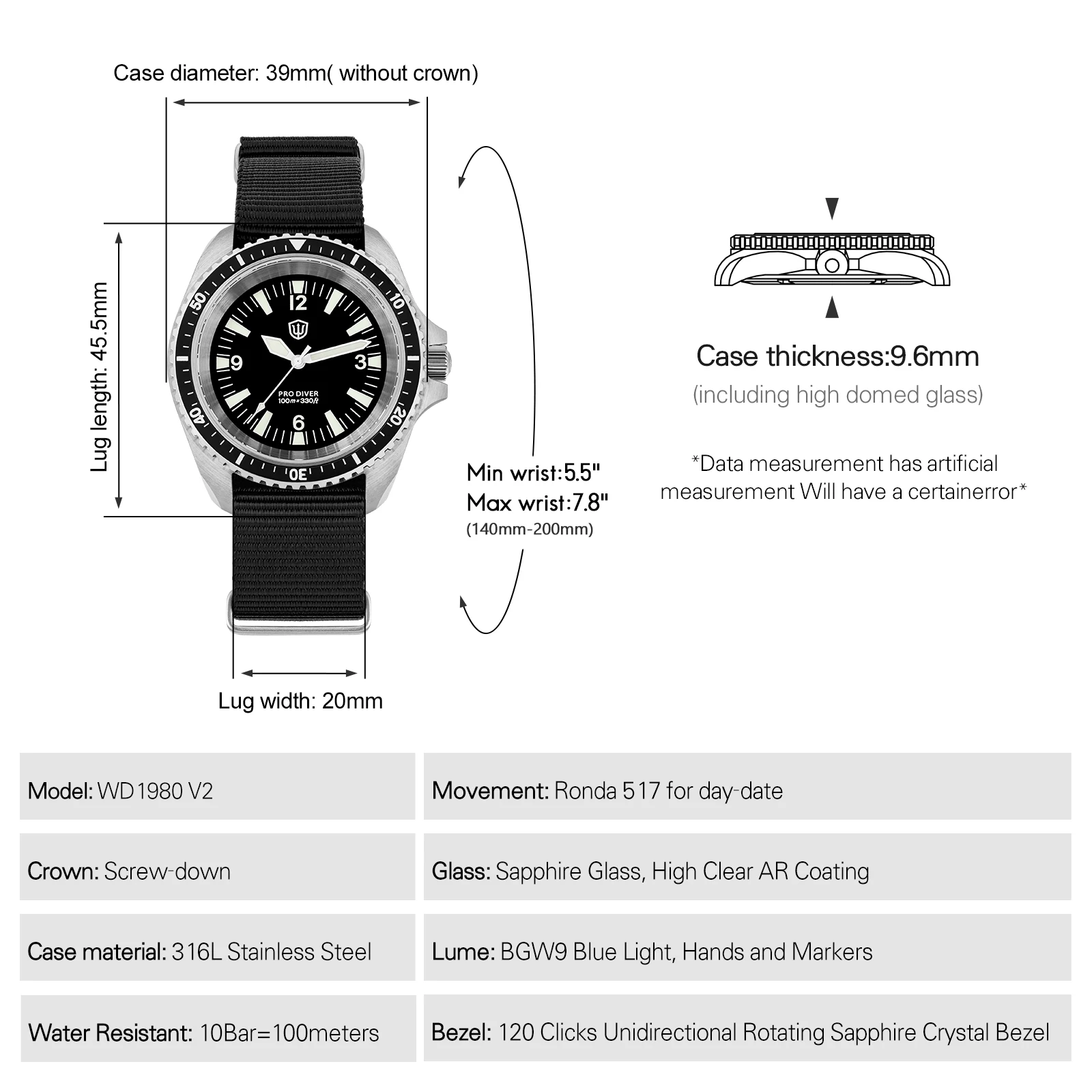 Watchdives WD1980 V3 Vintage Watch VH31 Quartz Movement Stainless Steel Watches Luminous Sapphire 10Bar Waterproof Wristwatch